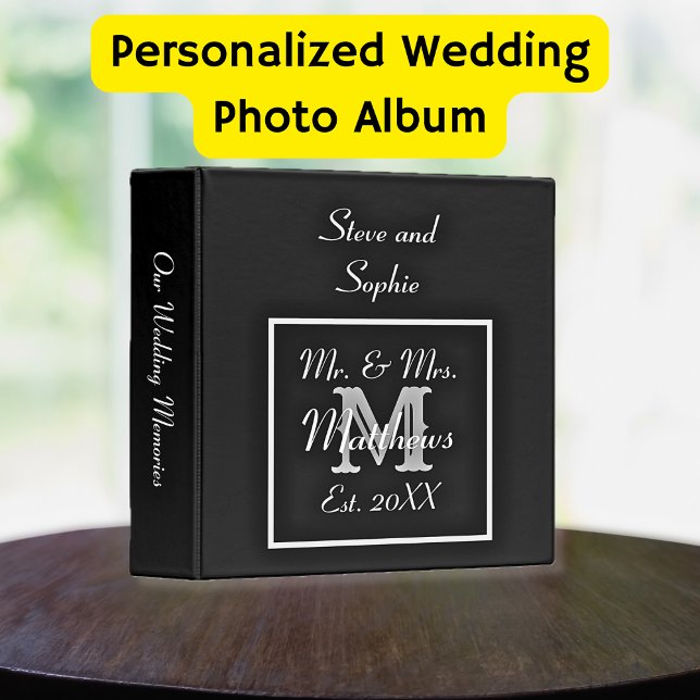 Monogram Black and White Wedding Memories 3 Ring Binder (Creator Uploaded)