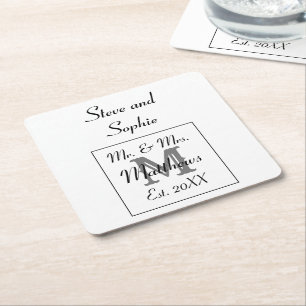 Monogram Black and White Wedding Names Square Paper Coaster
