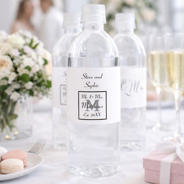 Monogram Black and White Wedding Names Water Bottle Label (Creator Uploaded)