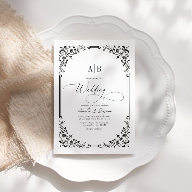Monogram Black and White Wedding Photo and QR Code Invitation (Monogram Black and White Wedding Photo and QR Code Invitation)