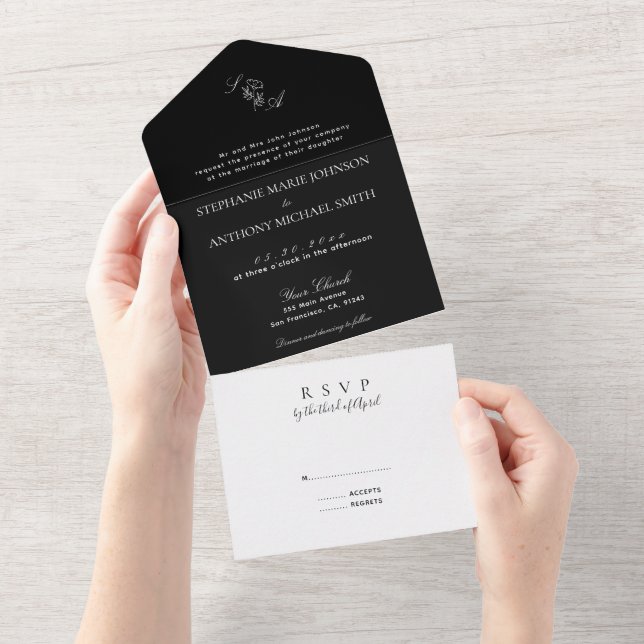 Monogram Black and White Wildflower Wedding All In One Invitation (Tearaway)