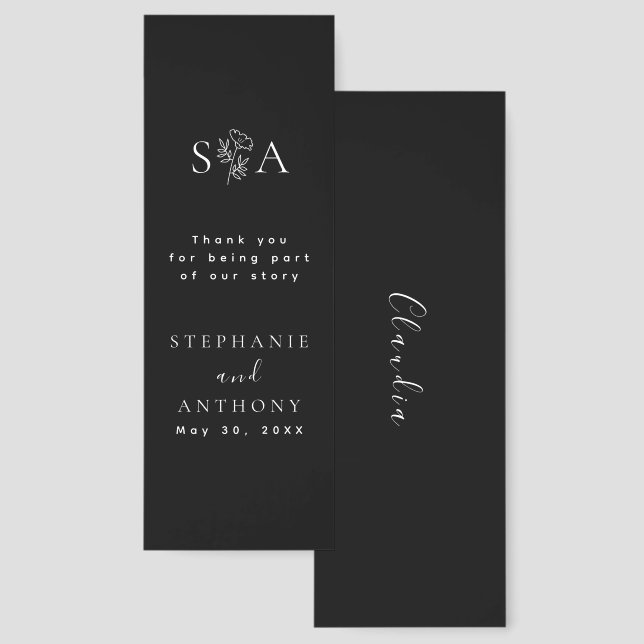Monogram Black and White Wildflower Wedding  Bookmarks (Front & Back)