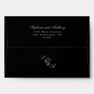 Monogram Black and White Wildflower Wedding Envelope