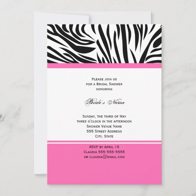Monogram Black and White Zebra Print and Hot Pink Invitation (Front)