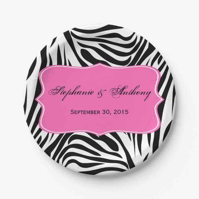 Monogram Black and White Zebra Print and Hot Pink Paper Plates (Front)