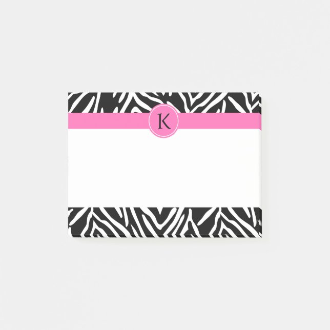 Monogram Black and White Zebra Print with Hot Pink Post-it Notes (Front)
