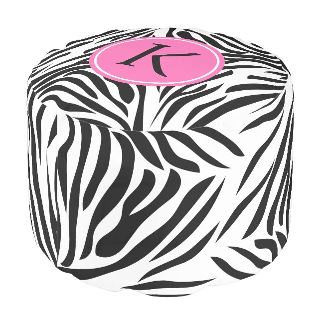 Monogram Black and White Zebra Print with Hot Pink Pouf (Angled Back)