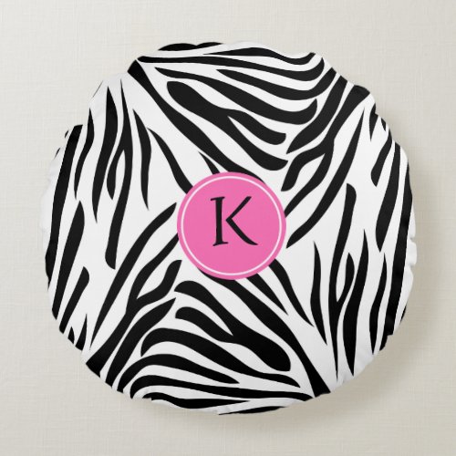 Monogram Black and White Zebra Print with Hot Pink Round Pillow