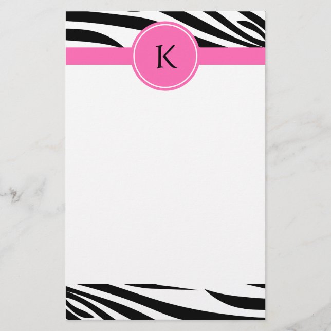 Monogram Black and White Zebra Print with Hot Pink Stationery (Front)