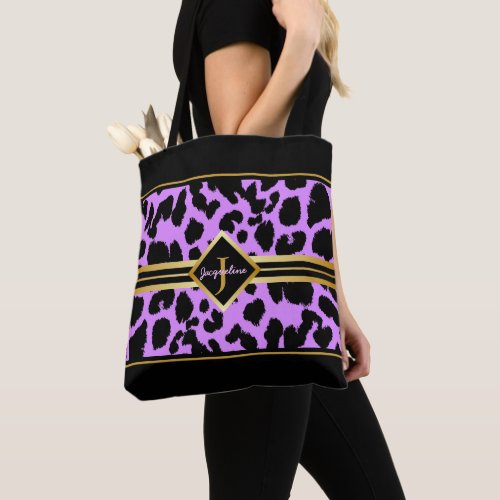 Monogram Black Animal Print Faux Gold on PINK Tote Bag