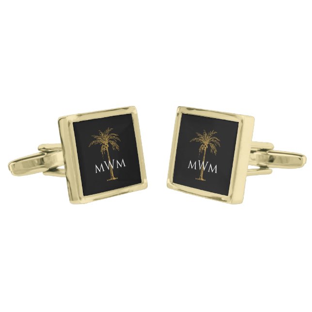 Monogram Black Artistic Gold Palm Tree Cufflinks (Angled)