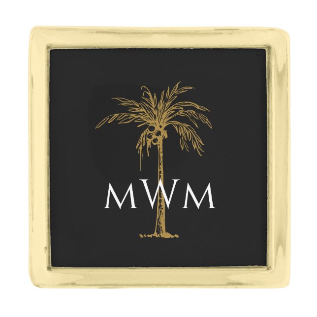 Monogram Black Artistic Gold Palm Tree Gold Finish Lapel Pin (Front)