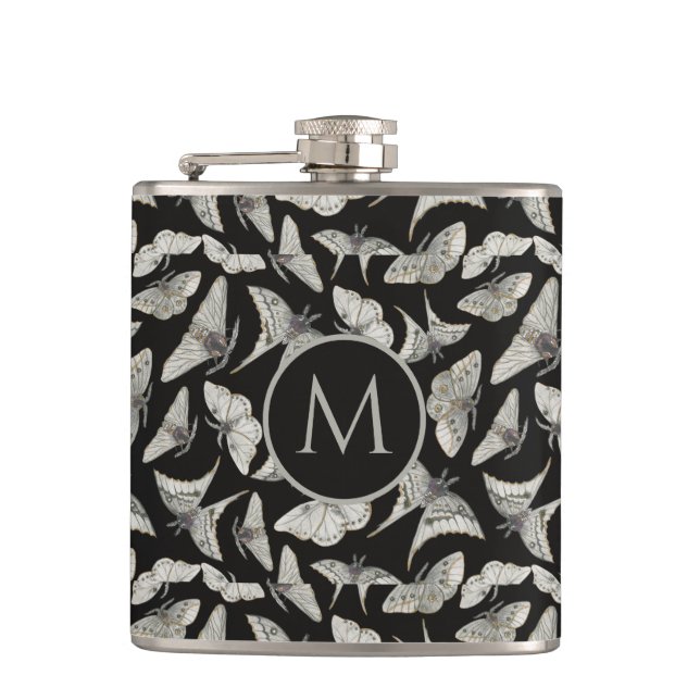 Monogram Black Beige Moth Bug Pattern Flask (Front)