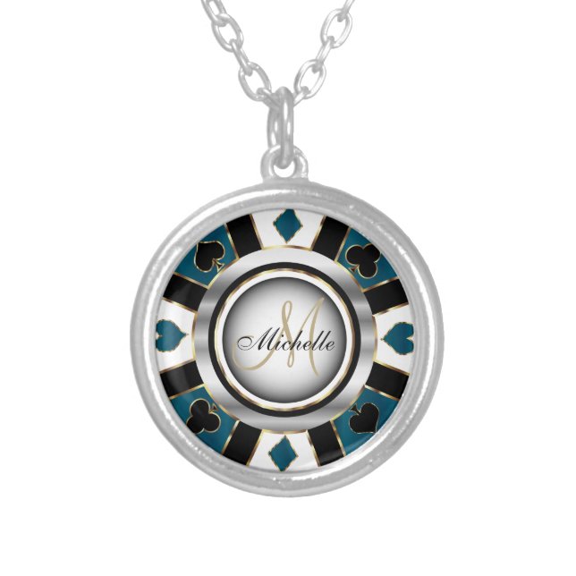 Monogram Black, Blue and Gold Las Vegas Style Silver Plated Necklace (Front)