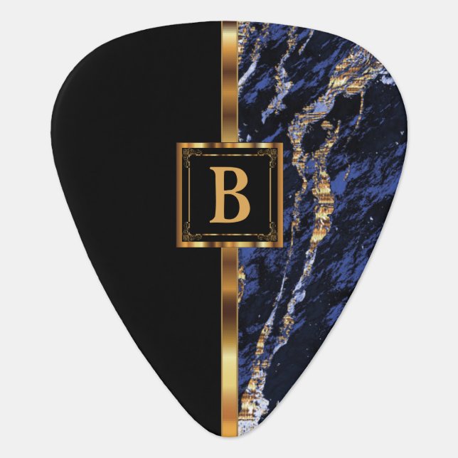Monogram Black, Blue and Gold Marble Guitar Pick (Front)