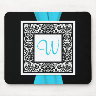 Monogram Black, Blue, White Damask Mousepad