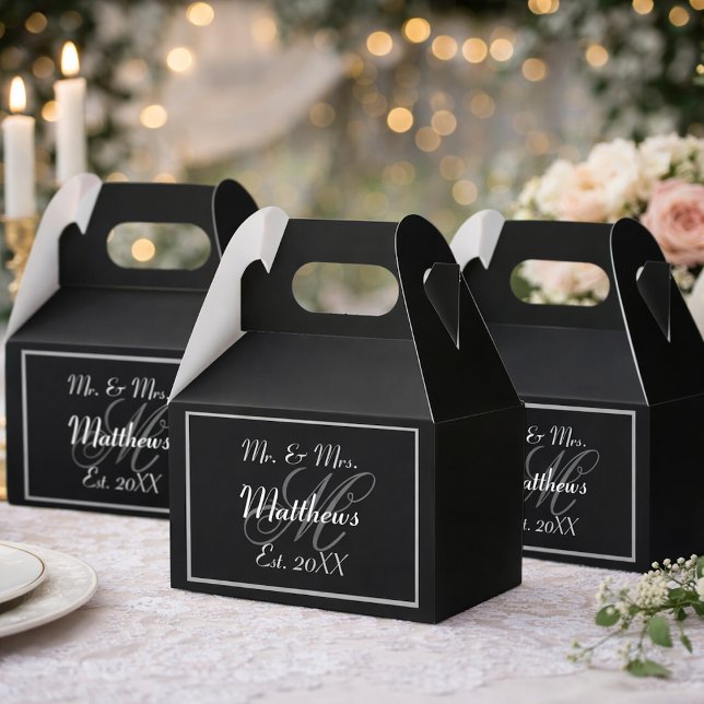 Monogram Black Bride Groom Date Wedding  Favor Boxes (Creator Uploaded)