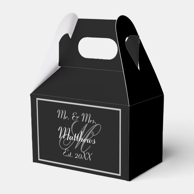 Monogram Black Bride Groom Date Wedding  Favor Boxes (Front Side)