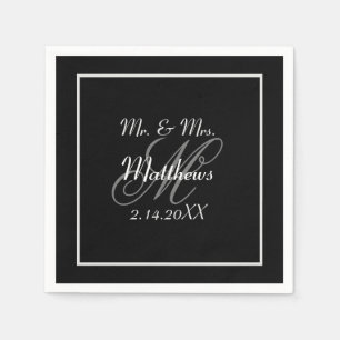 Monogram Black Bride Groom Date Wedding Napkins