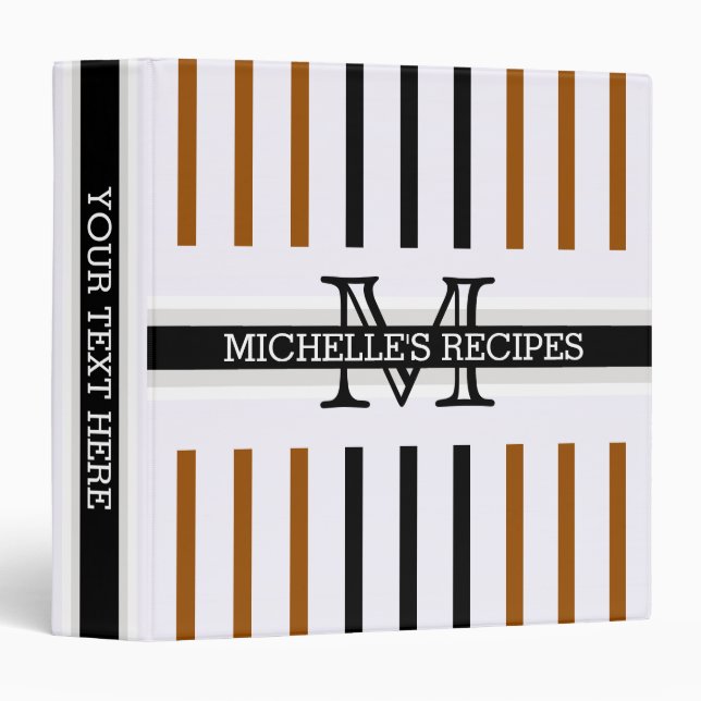 Monogram Black Brown Stripes Pattern Recipes Binder (Front/Spine)