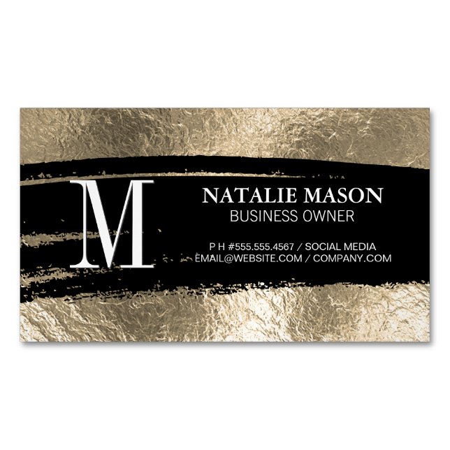 Monogram Black Brushed | Gold Foil Business Card Magnet (Front)