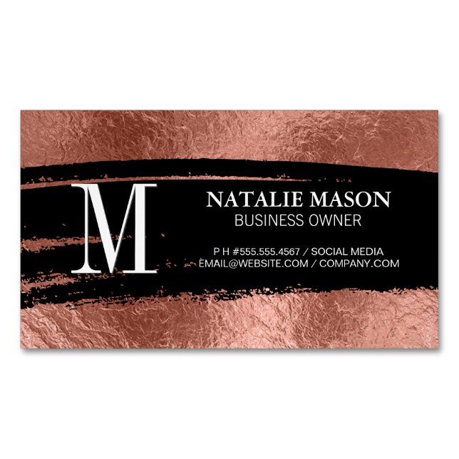 Monogram Black Brushed | Rose Gold Foil Business Card Magnet (Front)