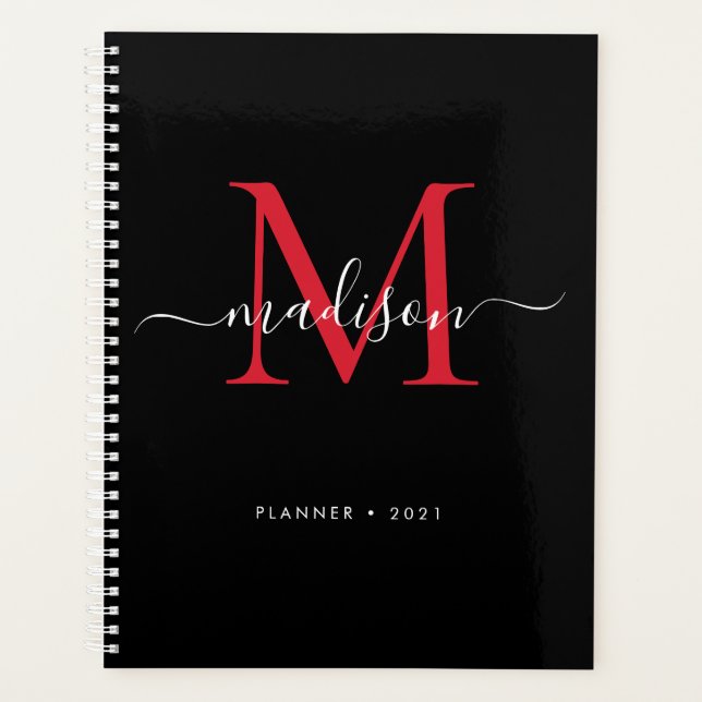 Monogram Black Burgundy Girly Script Name 2021 Planner (Front)