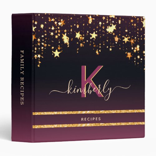 Monogram black burgundy gold stars glitter recipes 3 ring binder