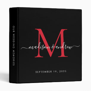 Monogram Black Burgundy Red Script Wedding Album 3 Ring Binder