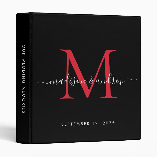 Monogram Black Burgundy Red Script Wedding Album 3 Ring Binder (Front/Spine)