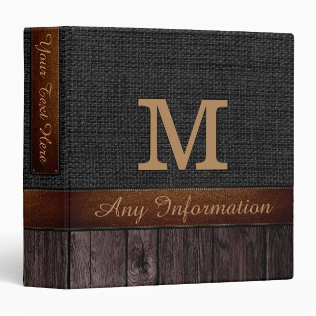 Monogram Black Burlap Rustic Jute Look Wood Binder (Front/Spine)