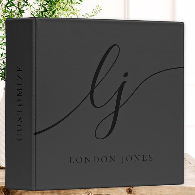 Monogram Black Calligraphy Script Initial Elegant  3 Ring Binder (Creator Uploaded)