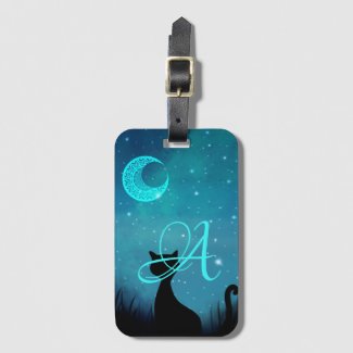 Monogram black cat starry sky illustration 