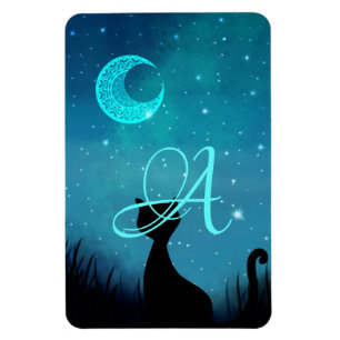 Monogram black cat Starry sky modern illustration Magnet