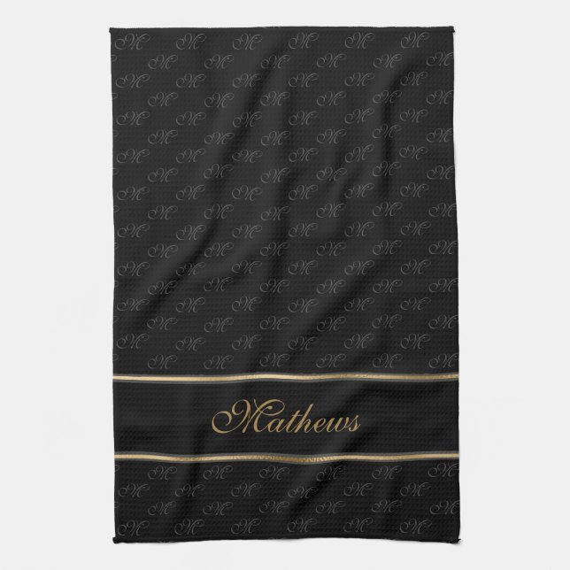Monogram Black Charcoal Name Kitchen Towel (Vertical)