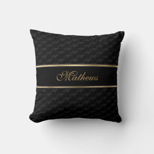 Monogram Black Charcoal Name Throw Pillow