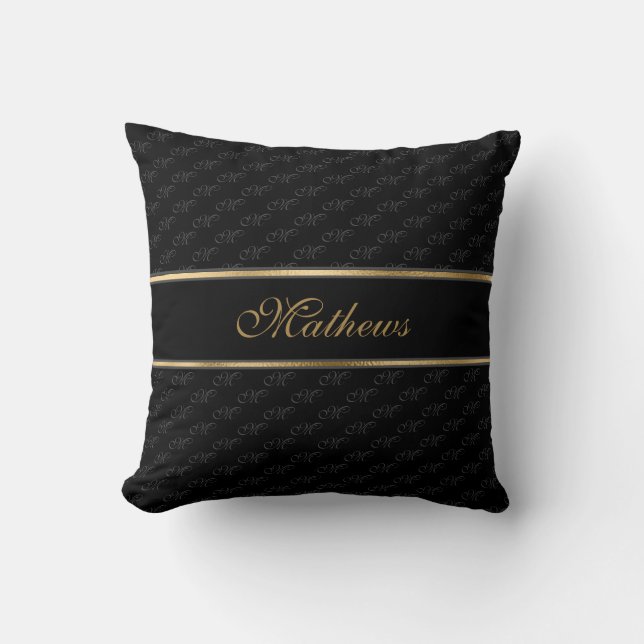 Monogram Black Charcoal Name Throw Pillow (Front)