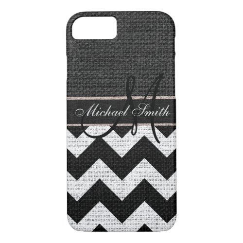 Monogram Black Chevron Zigzag Burlap Jute 2 iPhone 87 Case