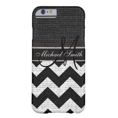 Monogram Black Chevron Zigzag Burlap Jute 2 Barely There iPhone 6 Case