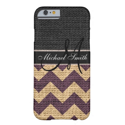 Monogram Black Chevron Zigzag Burlap Jute 4 Barely There iPhone 6 Case