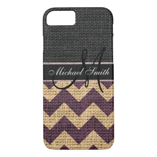 Monogram Black Chevron Zigzag Burlap Jute 4 iPhone 87 Case