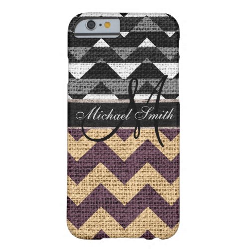 Monogram Black Chevron Zigzag Burlap Jute 5 Barely There iPhone 6 Case