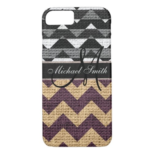 Monogram Black Chevron Zigzag Burlap Jute 5 iPhone 87 Case