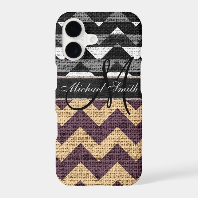 Monogram Black Chevron Zigzag Burlap Jute #5 Iphone Case (Back)