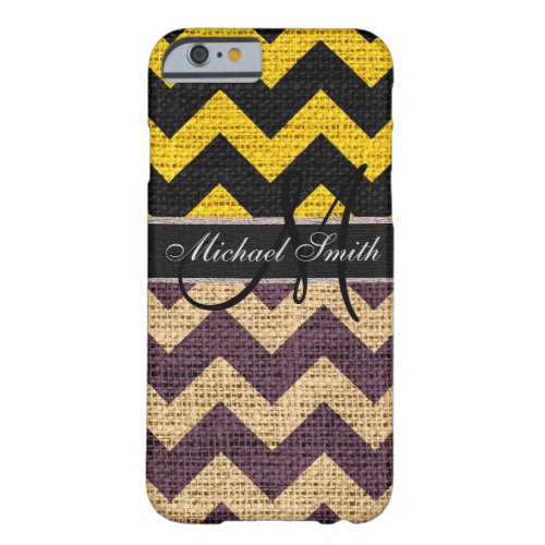 Monogram Black Chevron Zigzag Burlap Jute 6 Barely There iPhone 6 Case