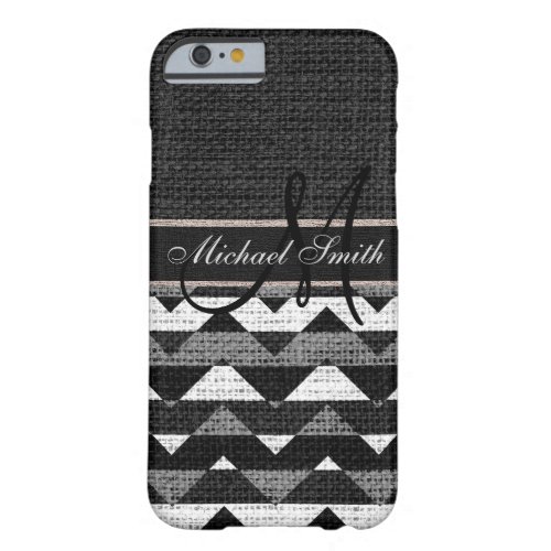 Monogram Black Chevron Zigzag Burlap Jute Barely There iPhone 6 Case