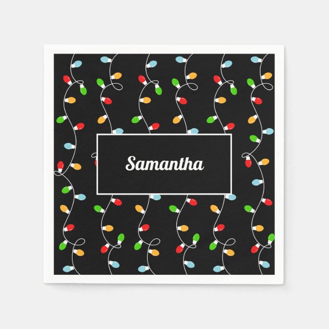 Monogram Black Christmas Lights Napkins (Front)