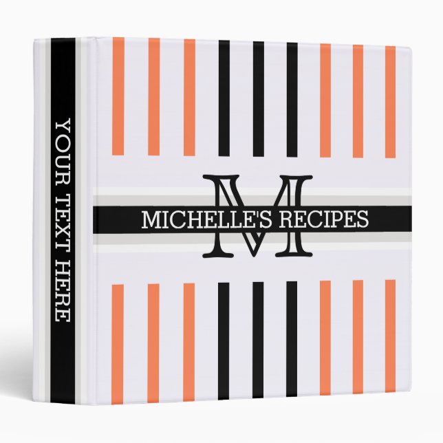Monogram Black Coral Stripes Pattern Recipes 3 Ring Binder (Front/Spine)