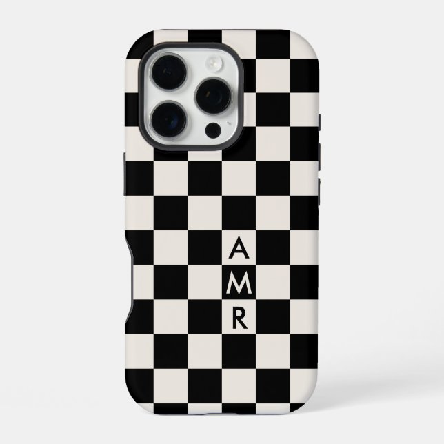 Monogram Black Cream Checkered Pattern Iphone Case (Back)