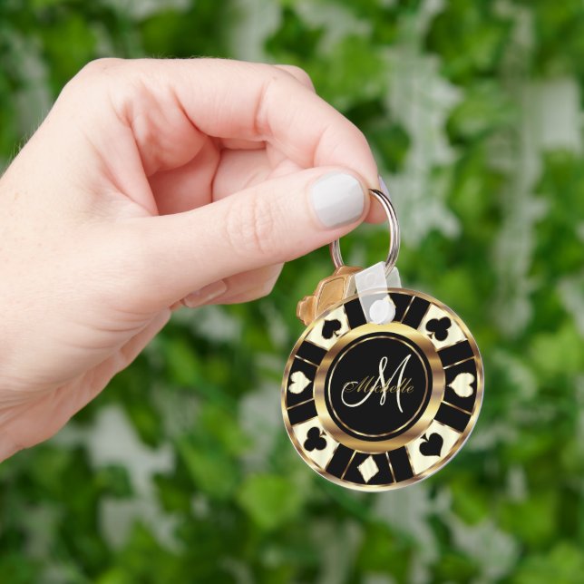 Monogram Black, Cream Ivory and Gold Las Vegas Keychain (Hand)